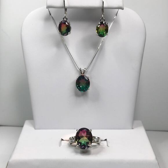 Beautiful Watermelon Tourmaline Quartz Necklace & Earrings Set - Picture 7 of 10